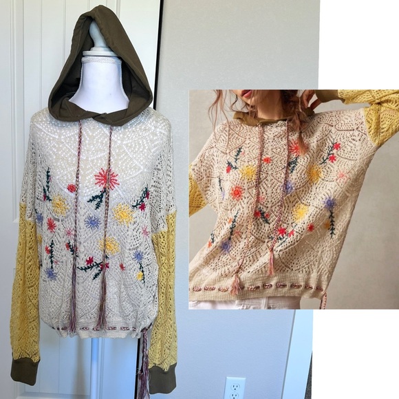 BellanBlue Tops - BellanBlue Crochet Detail Hoodie Floral Braided Rope Tassels at waist & neck